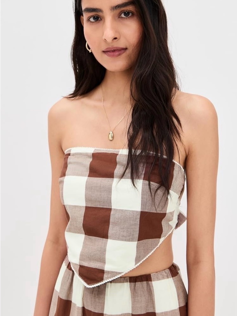 Posse Callie Top - Gingham Bandana Strapless Top in Brown and Cream